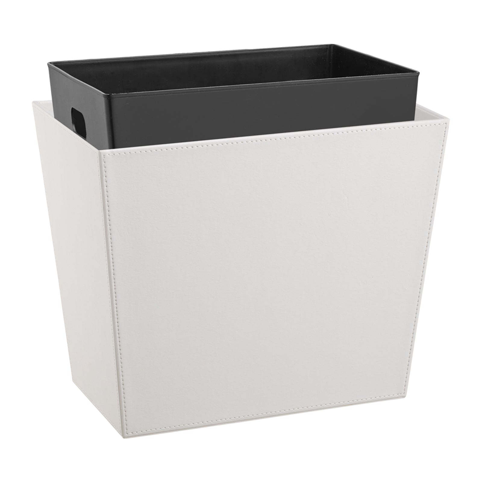 White | 16qt wastebasket wrapped in smooth leatherette with the durable liner insert showing.