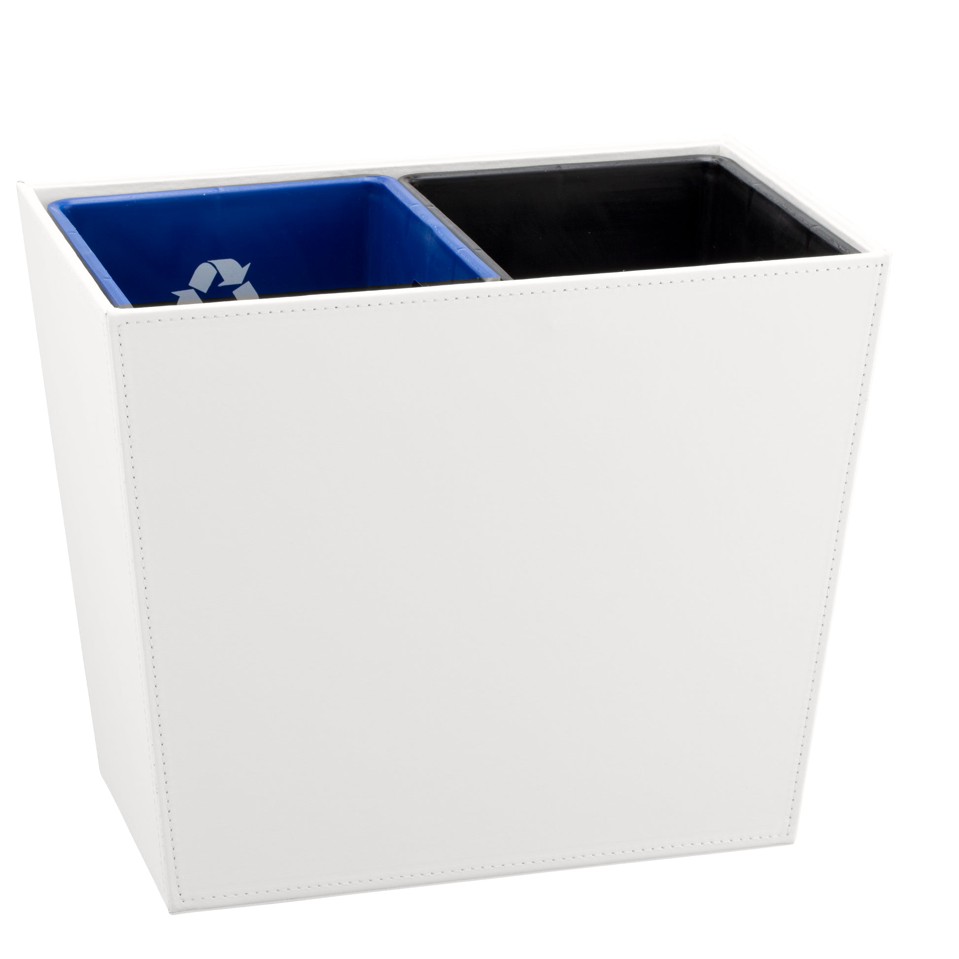 White | Close-up of removable trash and recycling liners inside a 16qt wastebasket designed for easy cleaning and organization.