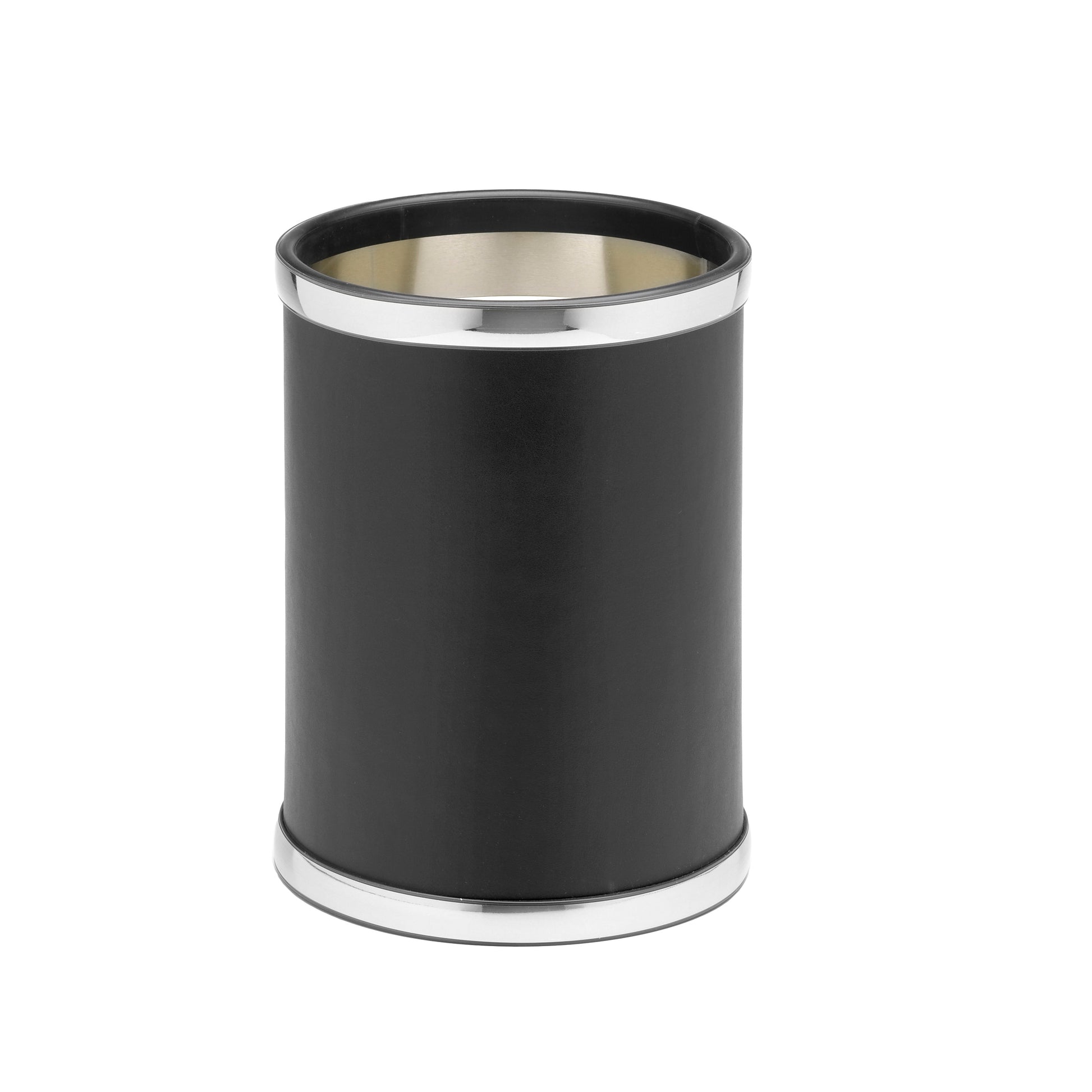 Black and Polished Chrome | Round leatherette wastebasket featuring shiny faux metal bumpers.