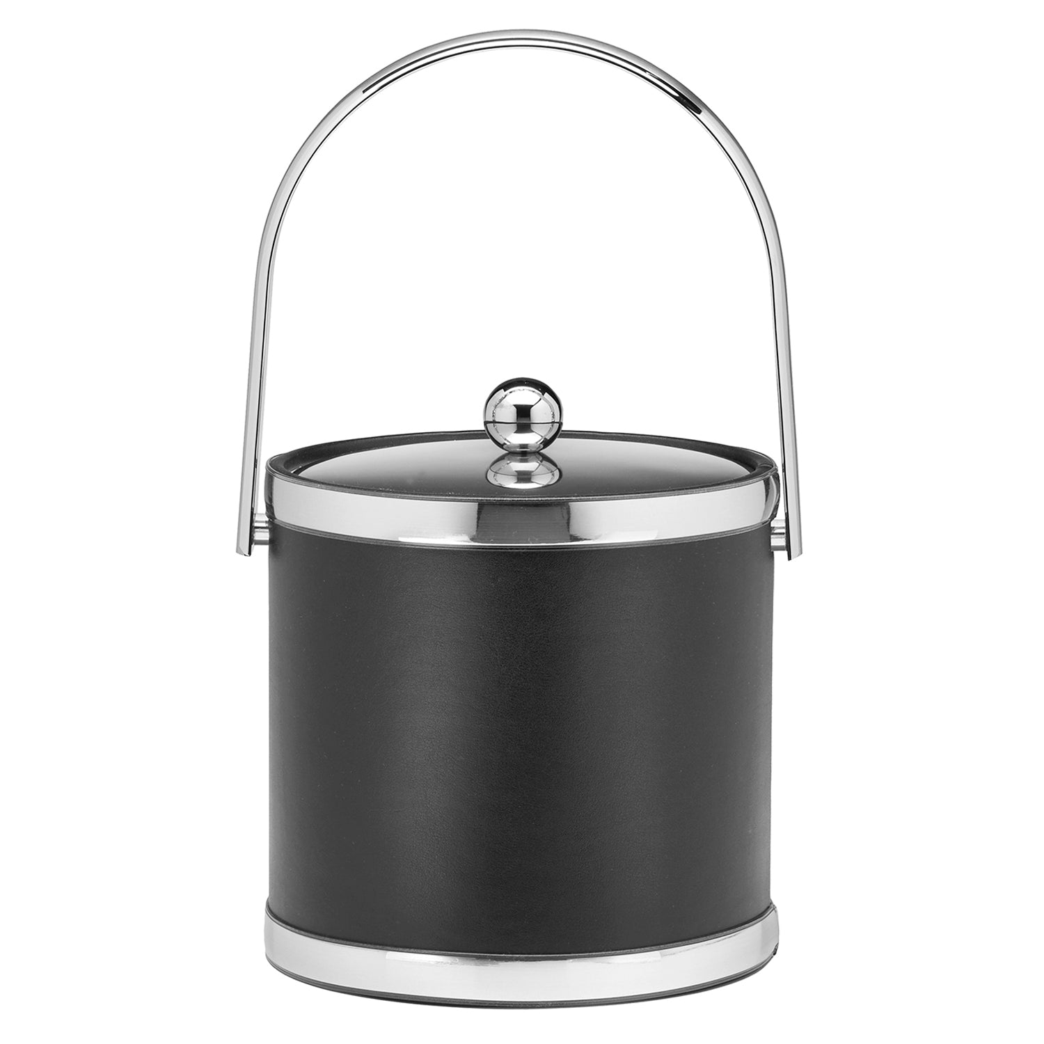 Black with Polished Chrome | Leatherette ice bucket featuring shiny faux chrome bands and a sleek track-style handle.