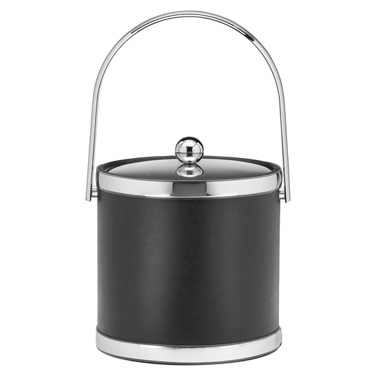 Black with Polished Chrome | Leatherette ice bucket featuring shiny faux chrome bands and a sleek track-style handle.