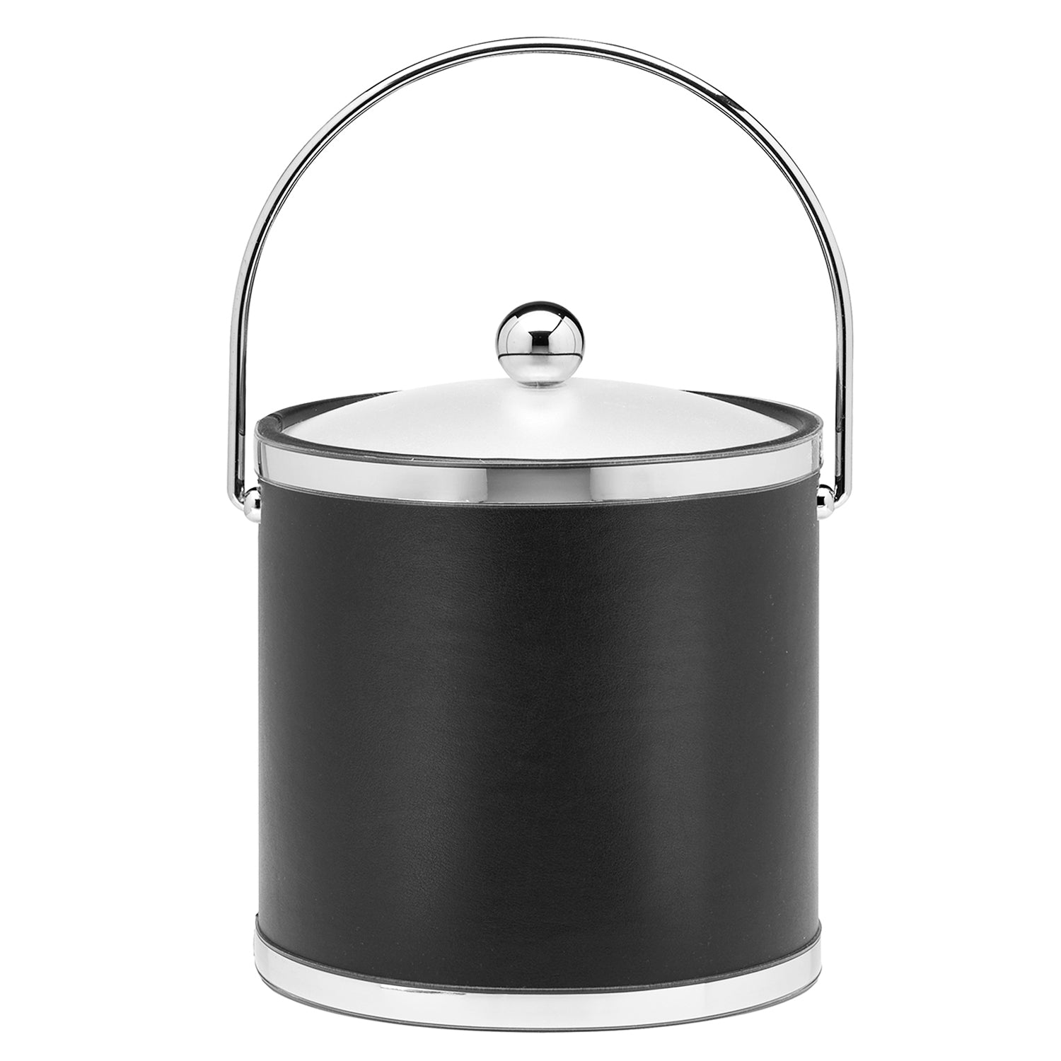 Black and Polished Chrome | Front view of a leatherette ice bucket featuring glossy faux chrome bands around the top and bottom.