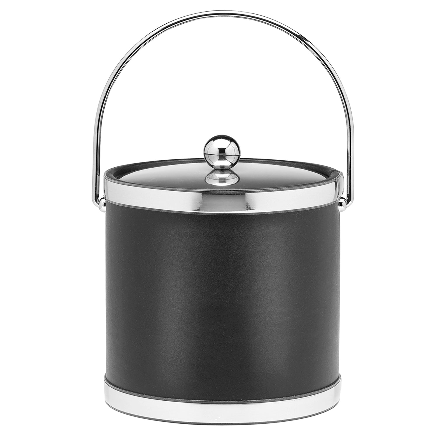 Black and Polished Chrome | Leatherette 3qt ice bucket with chrome faux metal bands on the top and bottom with a matching metal cover and bale handle.