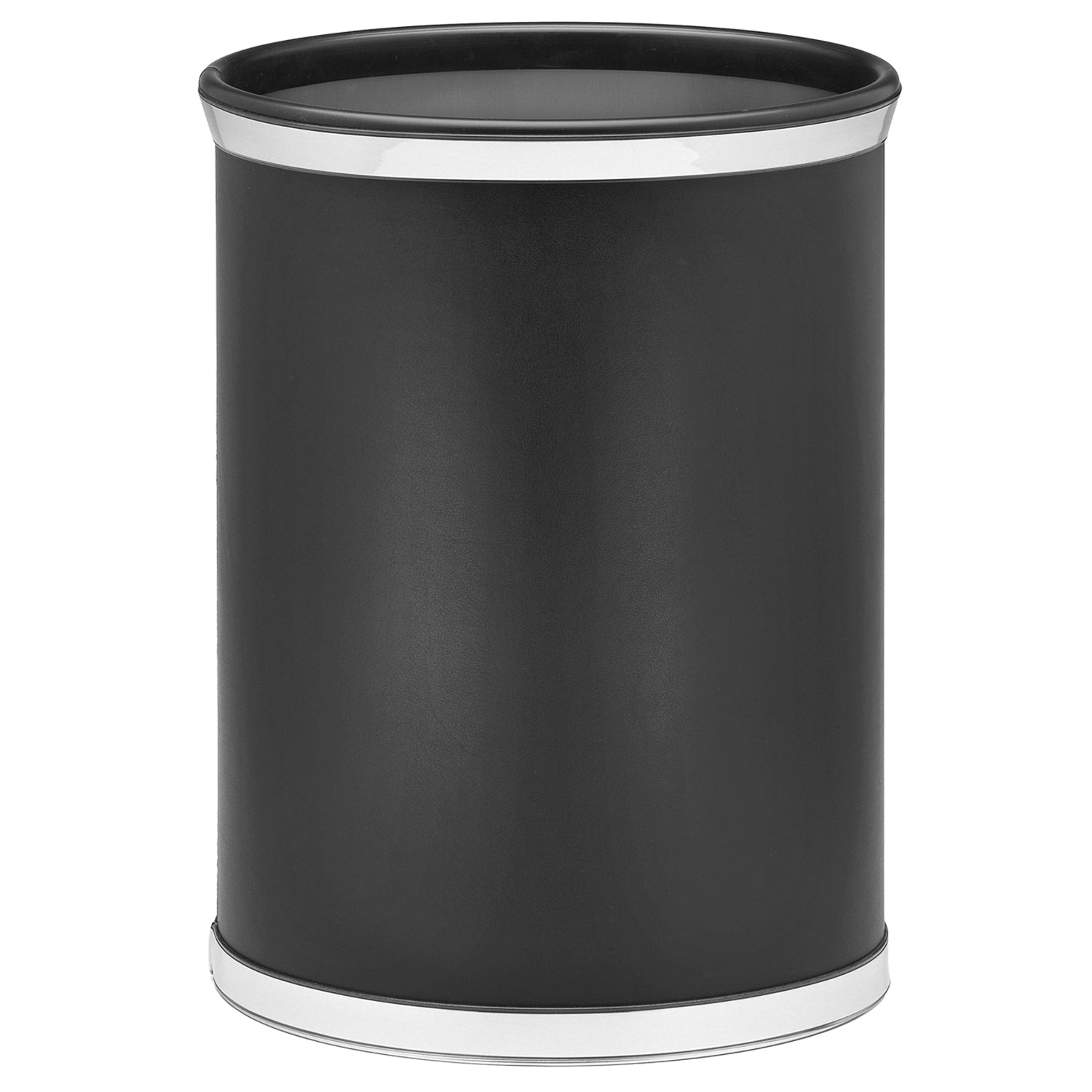 Black | Front view of a leatherette wastebasket with oval shape and metal bumpers, displayed on white.