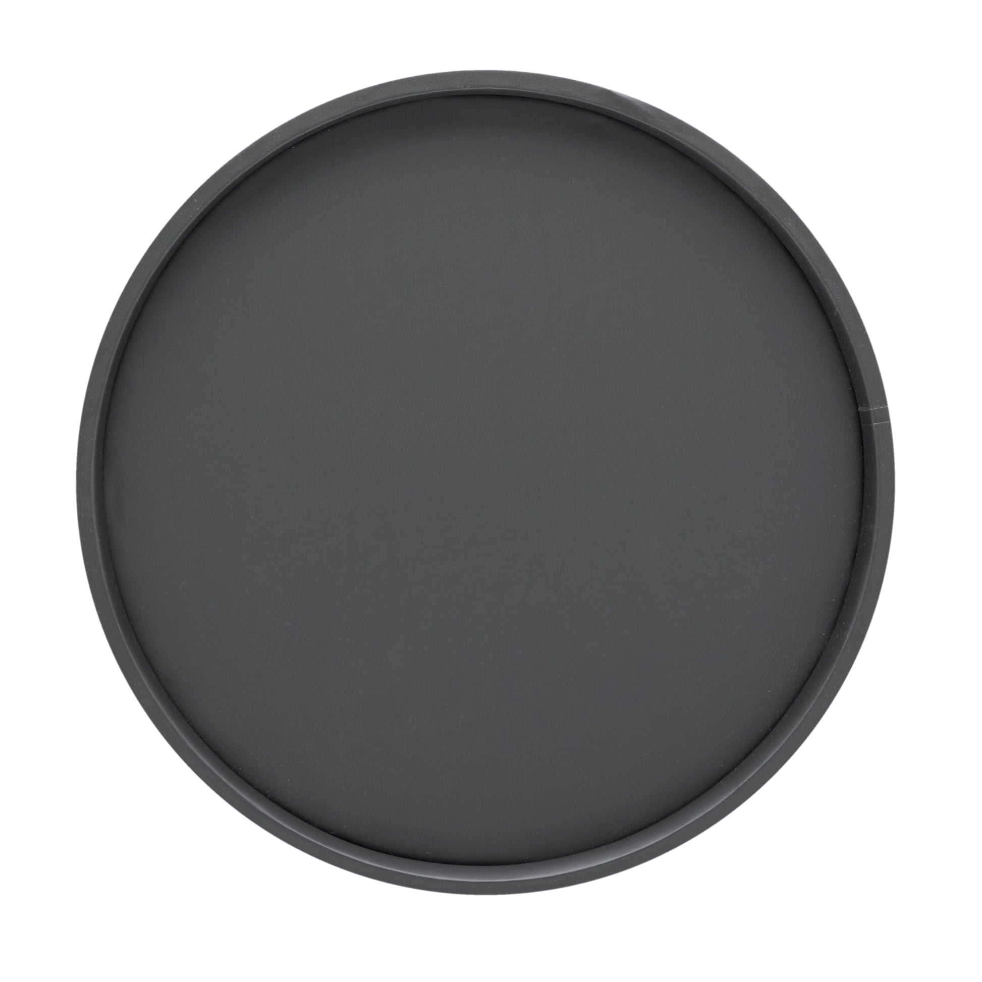 Black and Brushed Chrome | Inside view of a leatherette serving tray with polished metal accent edging.