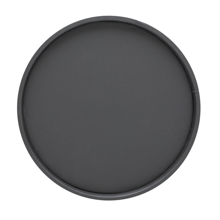 Black and Brushed Chrome | Inside view of a leatherette serving tray with polished metal accent edging.