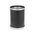 Black and Brushed Chrome | 8-quart round leatherette wastebasket with faux metal bumpers on the top and bottom.
