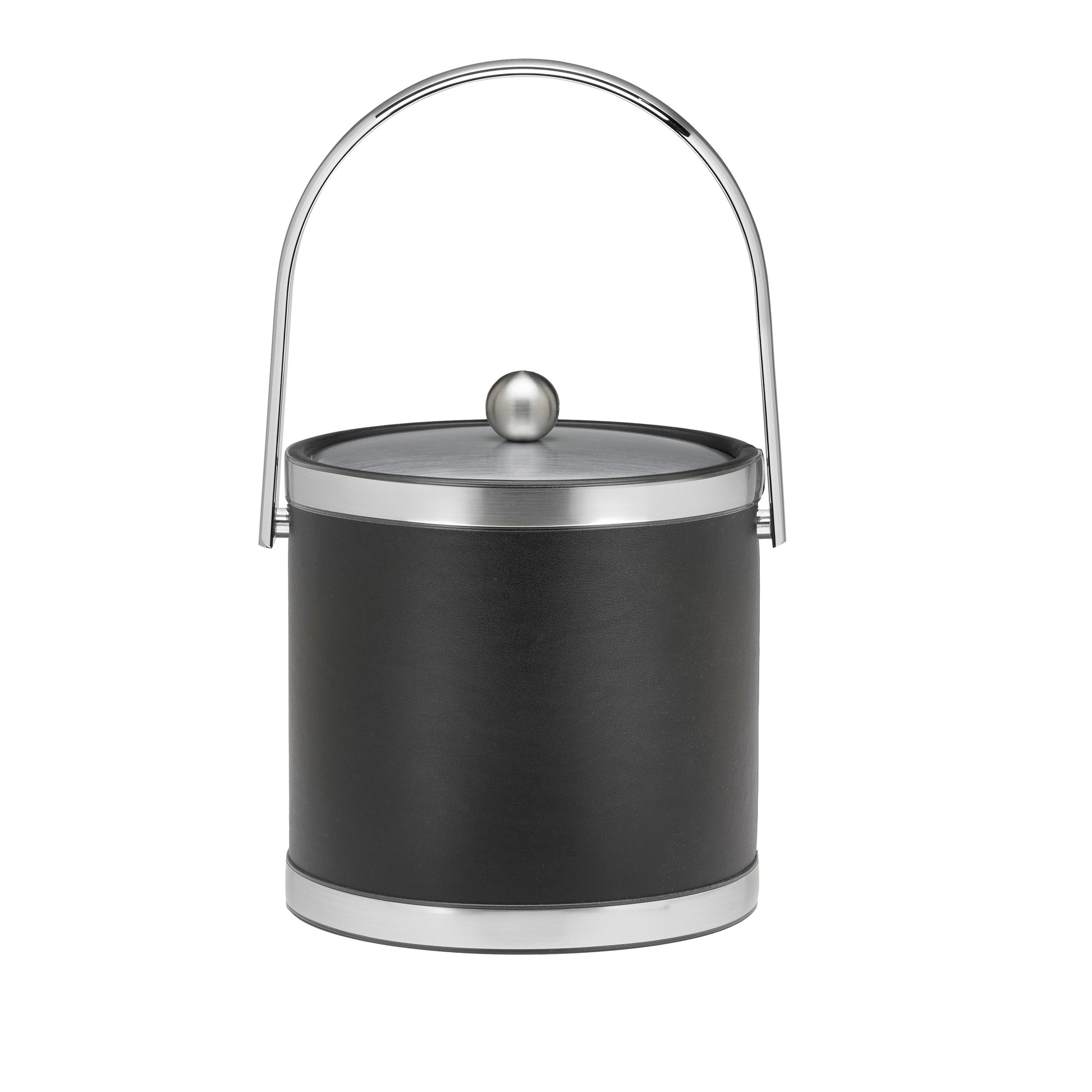 Black with Brushed Chrome | 3-quart leatherette ice bucket with faux metal bands, track handle, and metal cover, displayed on a white background.