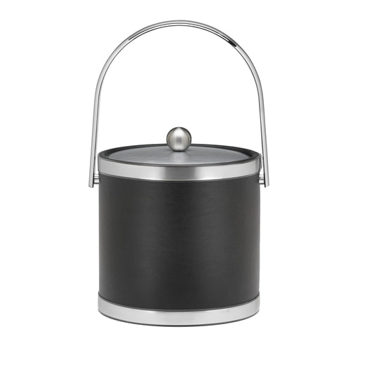 Black with Brushed Chrome | 3-quart leatherette ice bucket with faux metal bands, track handle, and metal cover, displayed on a white background.
