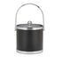 Black with Brushed Chrome | 3-quart leatherette ice bucket with faux metal bands, track handle, and metal cover, displayed on a white background.
