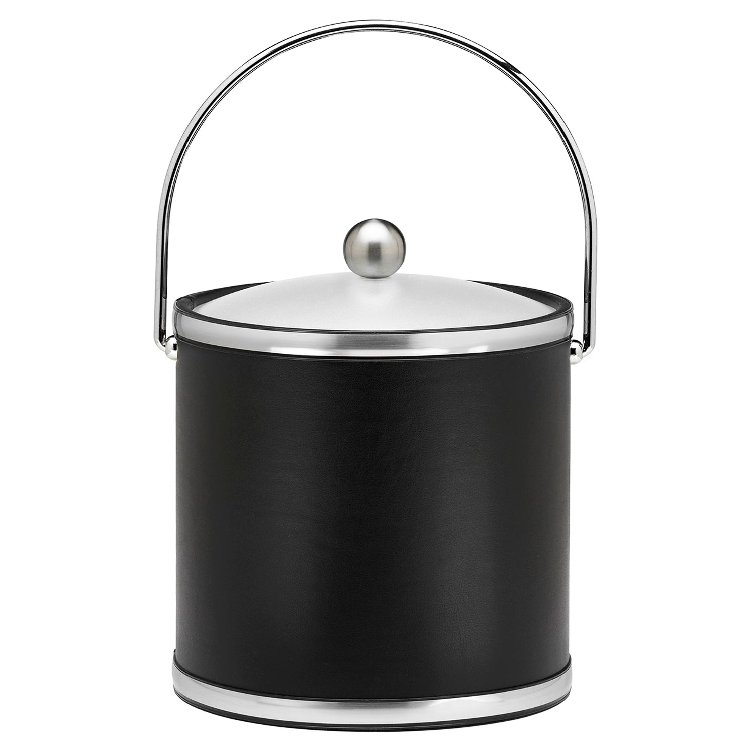 Black and Brushed Chrome | 3-quart leatherette ice bucket with sleek faux chrome metal accent trim, displayed on a white background.