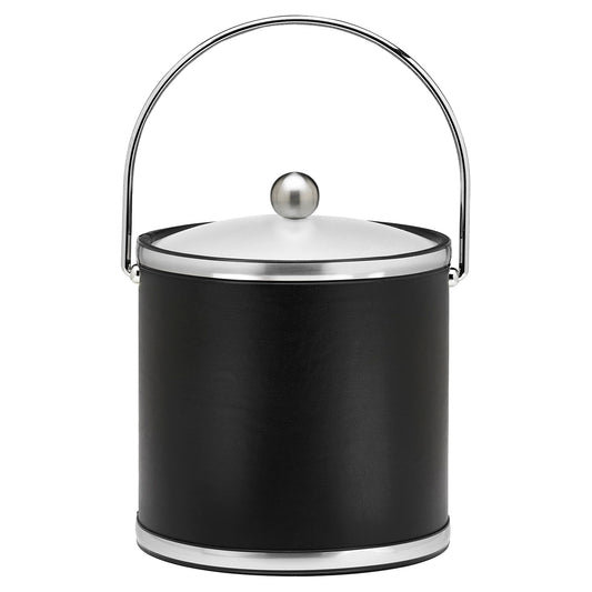 Black and Brushed Chrome | 3-quart leatherette ice bucket with sleek faux chrome metal accent trim, displayed on a white background.