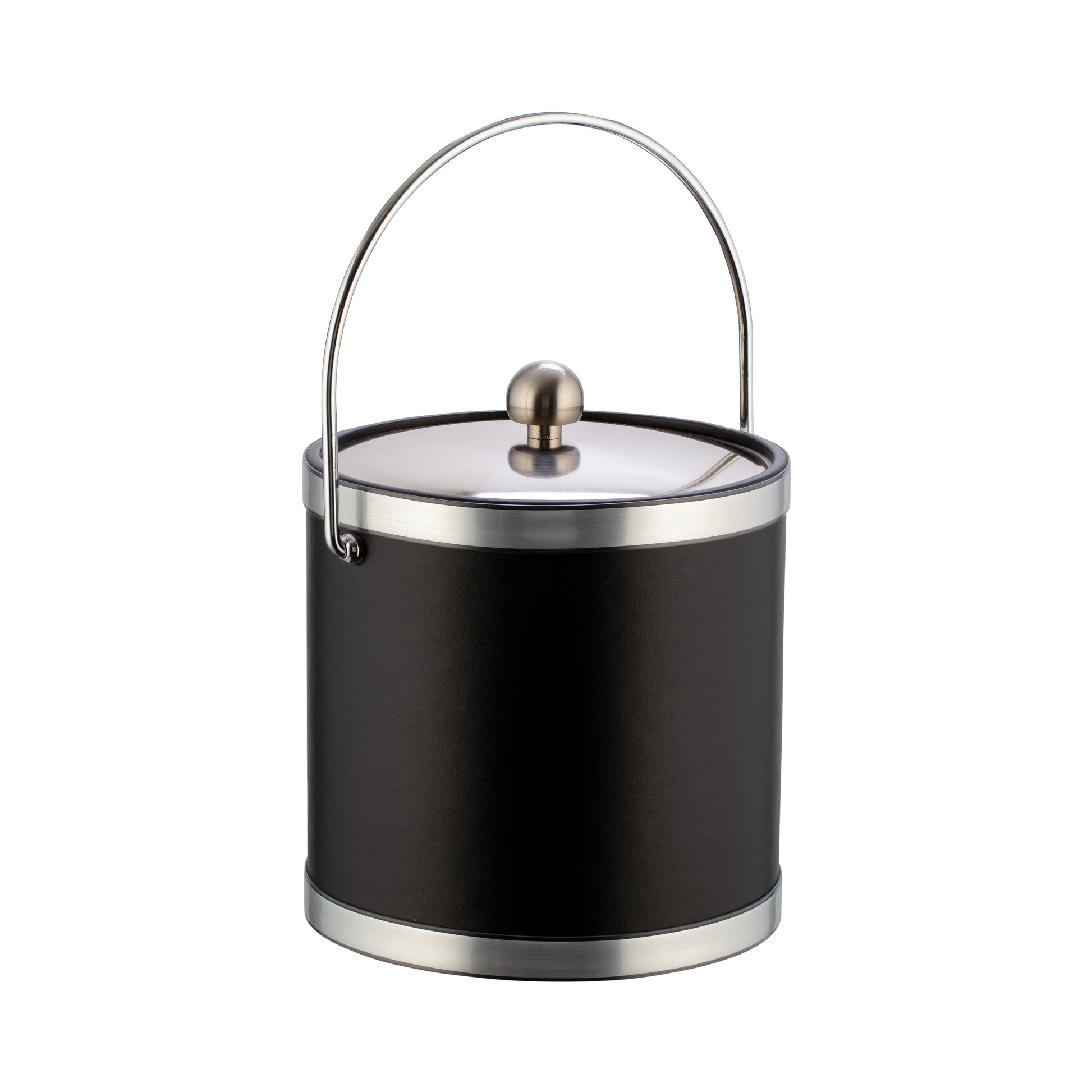 Black and Brushed Chrome | 3-quart ice bucket with faux chrome metal trim, bale handle, and matching metal cover displayed on a white background.