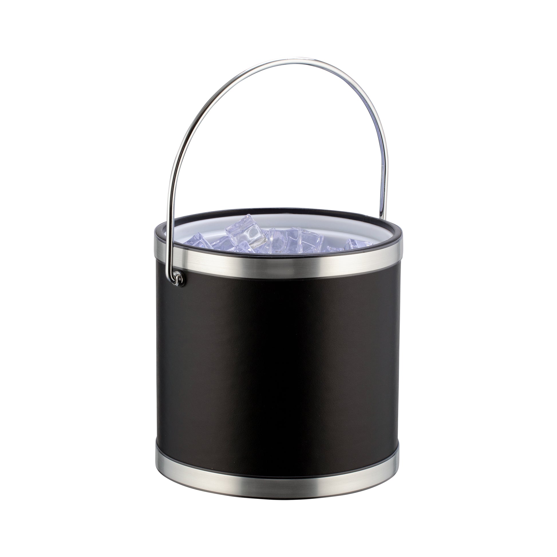 Black and Brushed Chrome | 3qt leatherette ice bucket with no metal cover to show ice inside and bale handle upright.