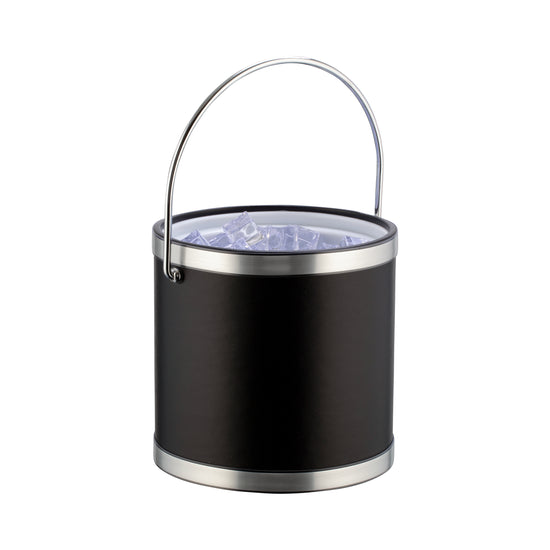 Black and Brushed Chrome | 3qt leatherette ice bucket with no metal cover to show ice inside and bale handle upright.