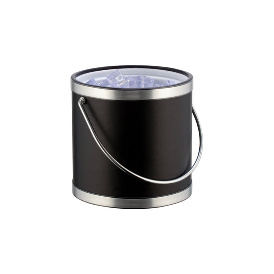 Black and Polished Chrome | Side view of a leatherette ice bucket with shiny faux chrome bands and no metal cover.