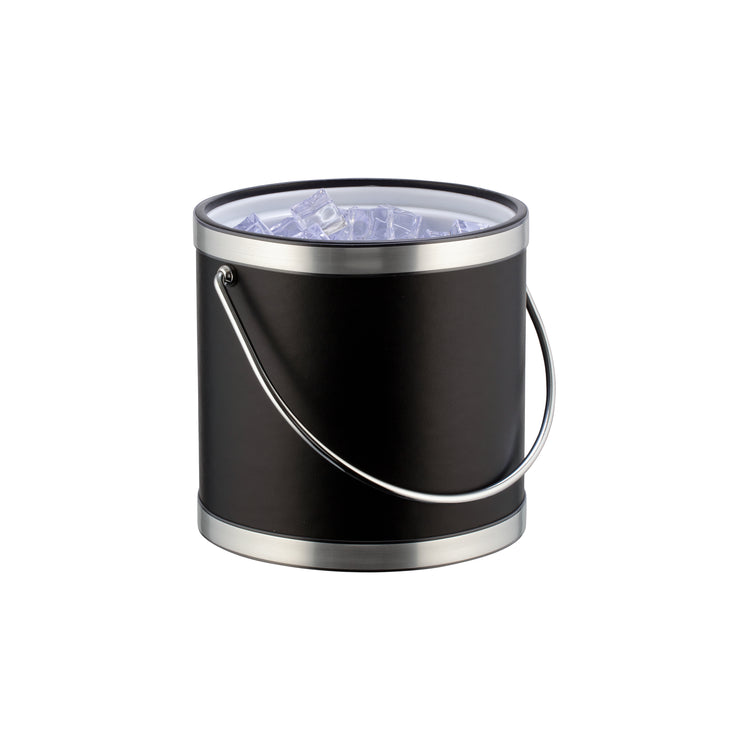 Black and Polished Chrome | Side view of a leatherette ice bucket with shiny faux chrome bands and no metal cover.