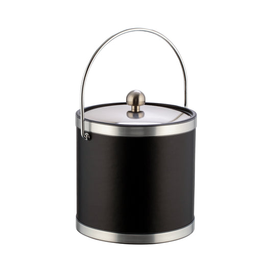 Black and Brushed Chrome | 3-quart ice bucket with faux chrome metal trim, bale handle, and matching metal cover displayed on a white background.