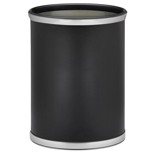 Black | 13-quart oval leatherette wastebasket with faux metal bumpers on the top and bottom edges, shown on a white background.