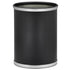 Black | 13-quart oval leatherette wastebasket with faux metal bumpers on the top and bottom edges, shown on a white background.