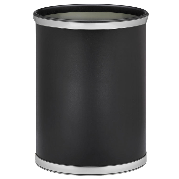 Black | 13-quart oval leatherette wastebasket with faux metal bumpers on the top and bottom edges, shown on a white background.