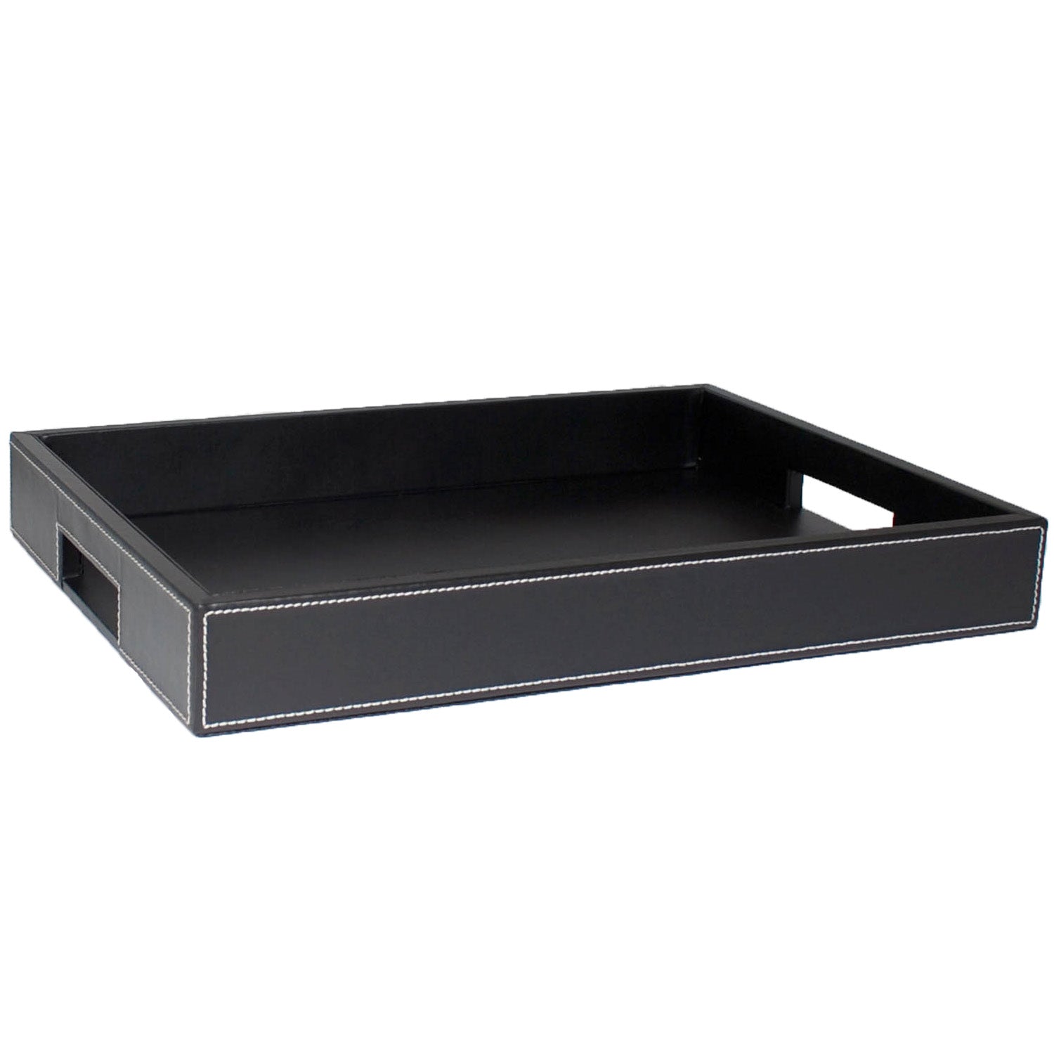 Black | Leatherette 12x18" serving tray with elegant smooth finish and white stitching, perfect for serving drinks in style.
