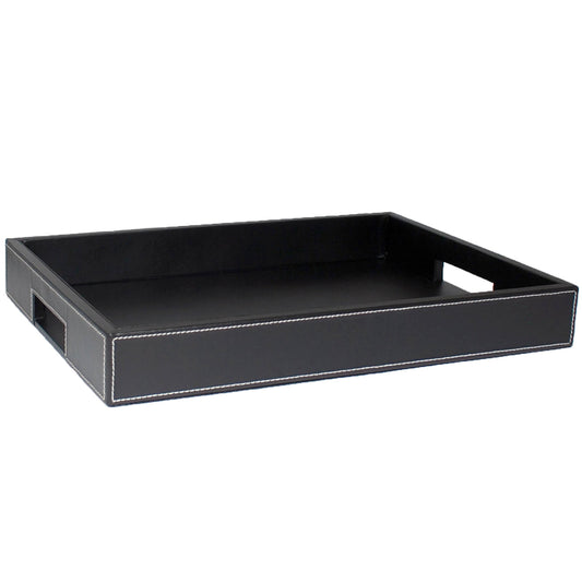 Black | Leatherette 12x18" serving tray with elegant smooth finish and white stitching, perfect for serving drinks in style.