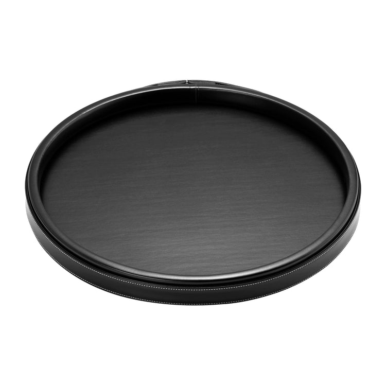 Black | Overhead view of round leatherette tray showcasing fine stitching detail. 
