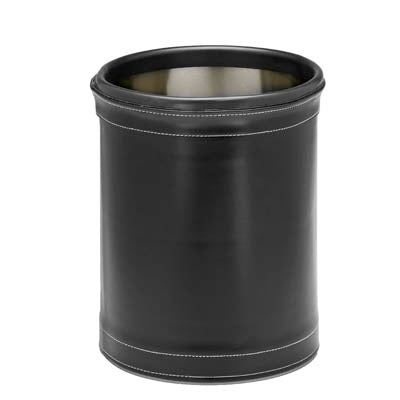 Black | Leatherette stitched 8qt round wastebasket with smooth leatherette finish on a clean white background.