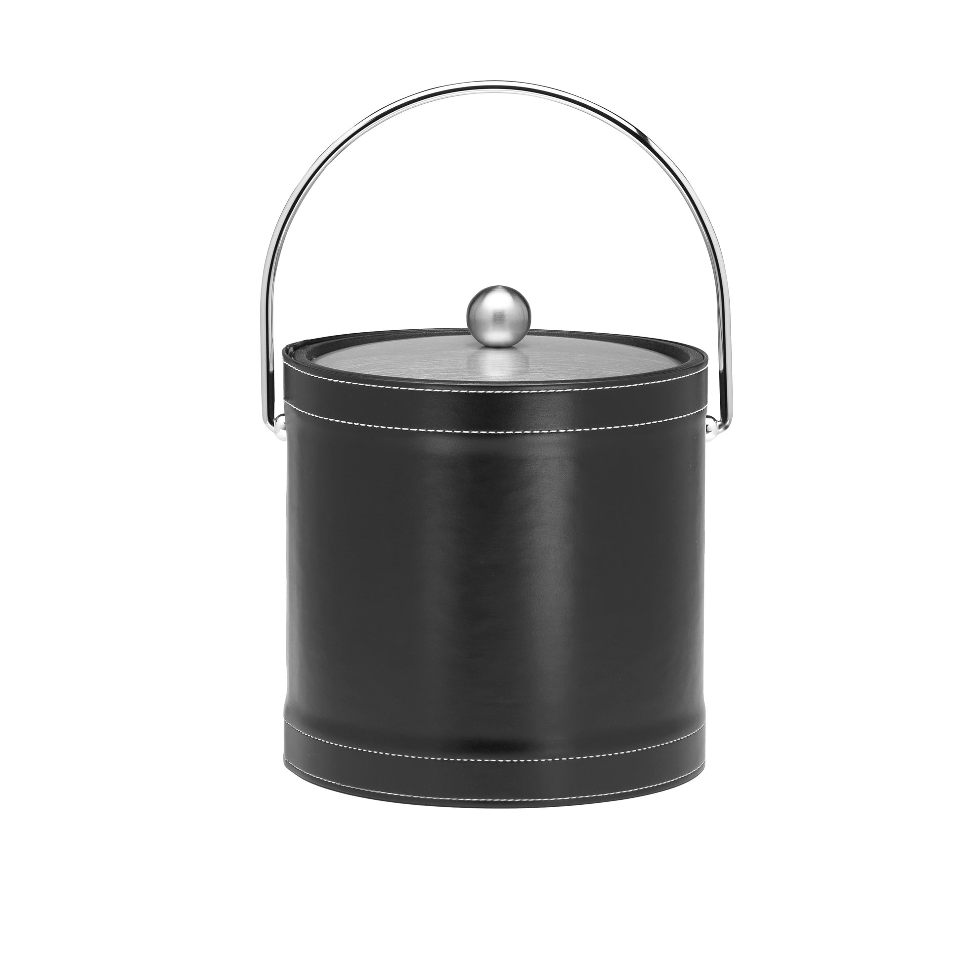 Black | Leatherette stitched ice bucket with bale handle and chrome lid displayed on a white background.