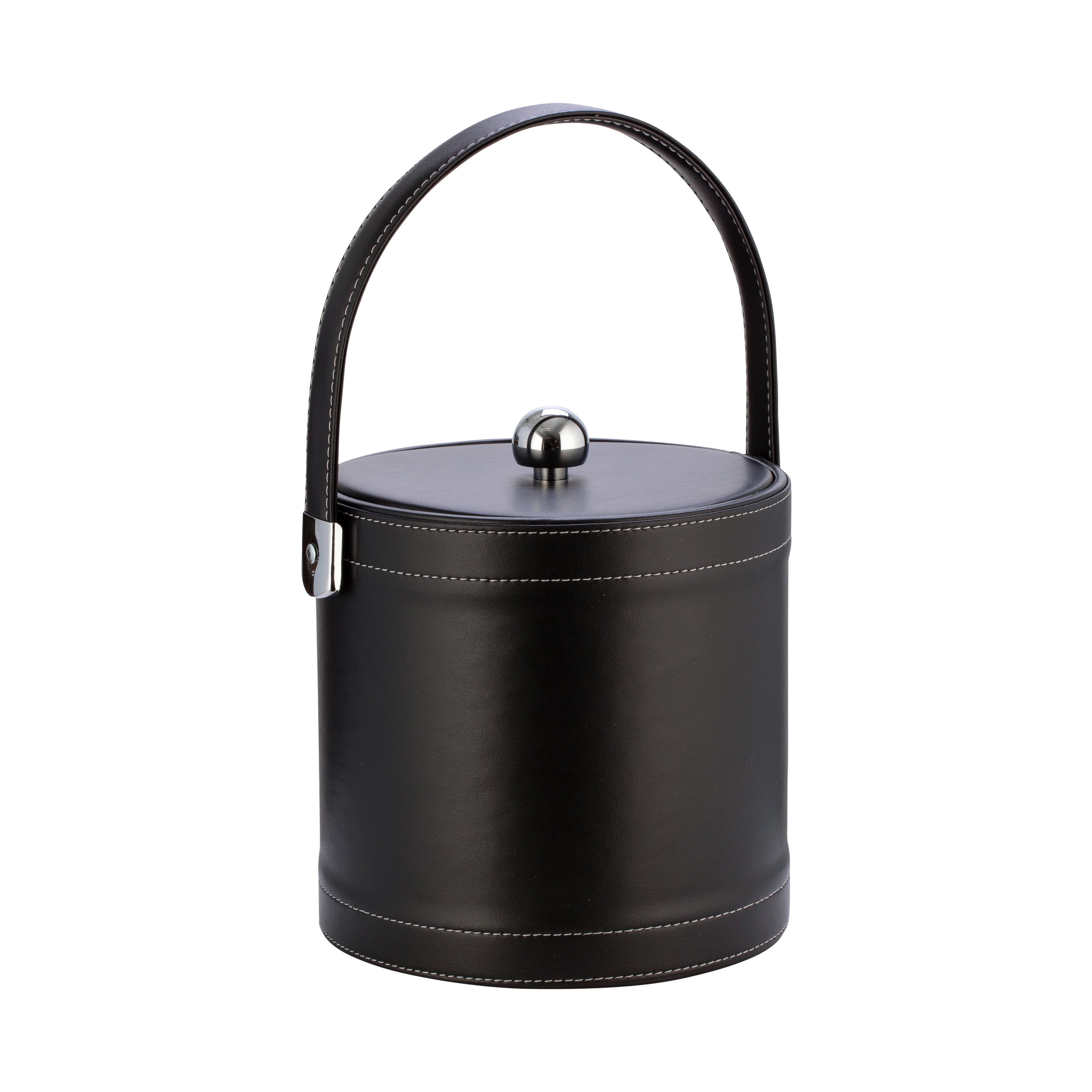 Black | Leatherette stitched ice bucket featuring chrome astro ball knob and smooth leatherette finish.