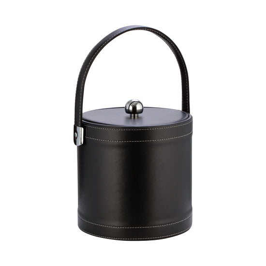 Black | Leatherette stitched ice bucket featuring chrome astro ball knob and smooth leatherette finish.
