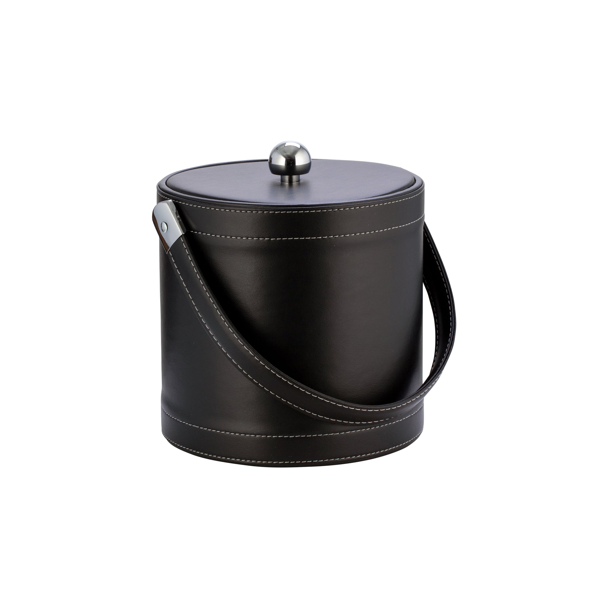 Black | Elegant ice bucket with leatherette stitching and chrome knob styled for home bar use, on a white background.