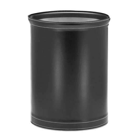 Black | Leatherette 13qt oval wastebasket with stitched detailing on a white background.