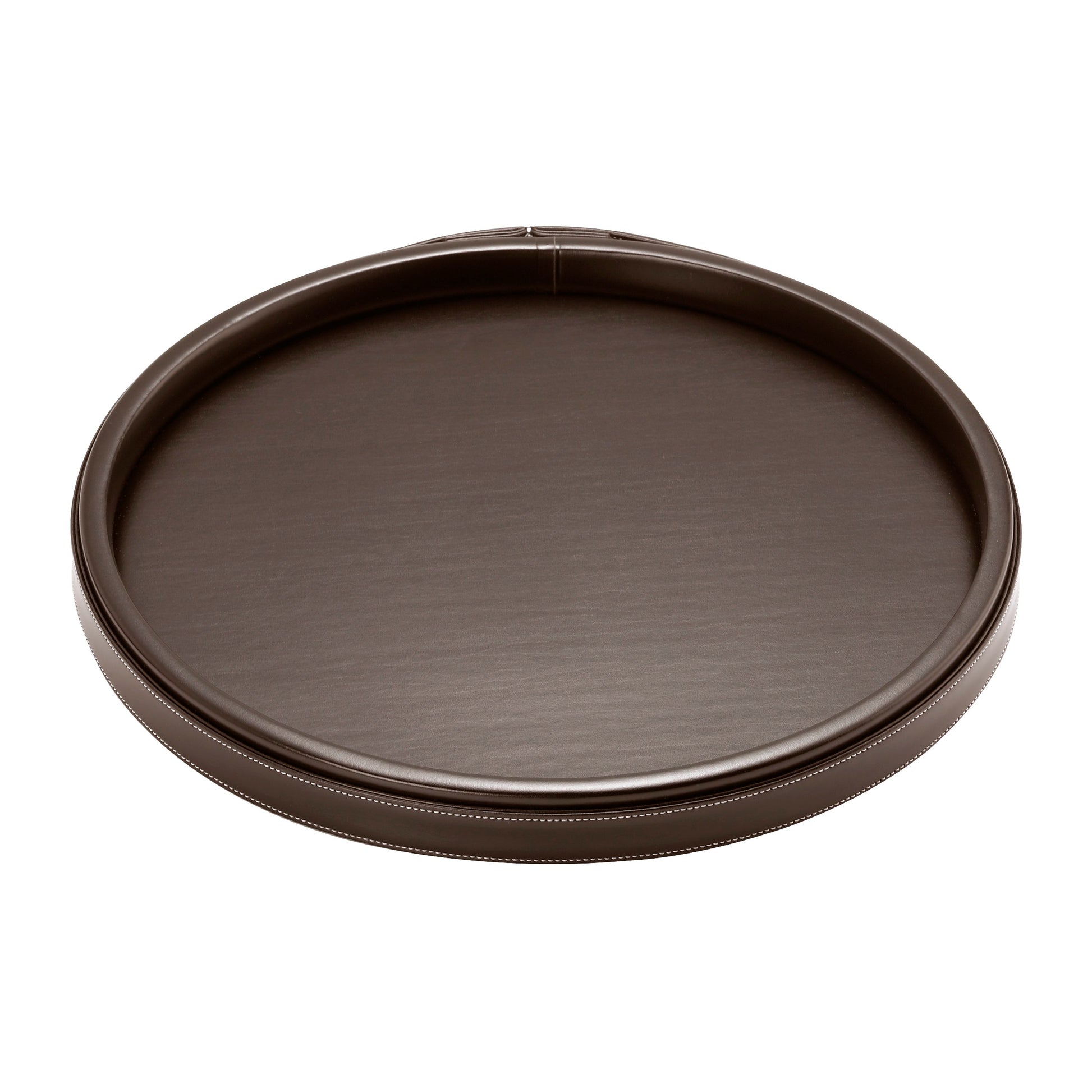 Chocolate | Close-up of leatherette round serving tray featuring smooth finish and stitched rim.