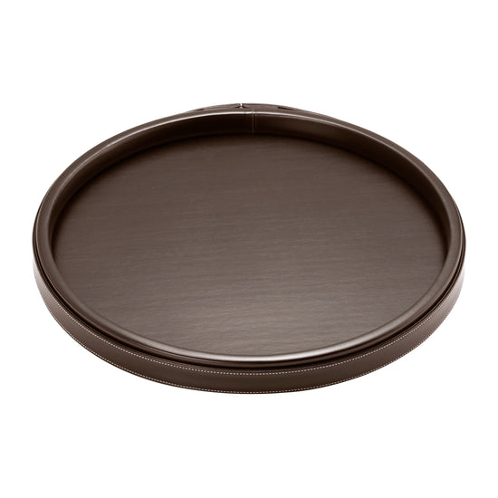 Chocolate | Close-up of leatherette round serving tray featuring smooth finish and stitched rim.