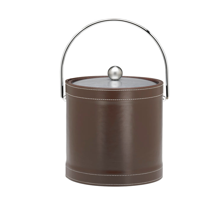 Chocolate | Elegant stitched leatherette ice bucket featuring a chrome lid and handle, photographed on a white backdrop.