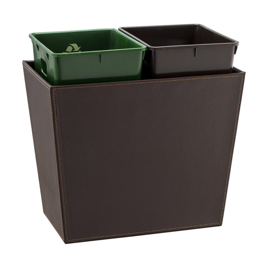 Chocolate | Front profile of 16qt wastebasket featuring two color-coded liners for trash and recycling separation.