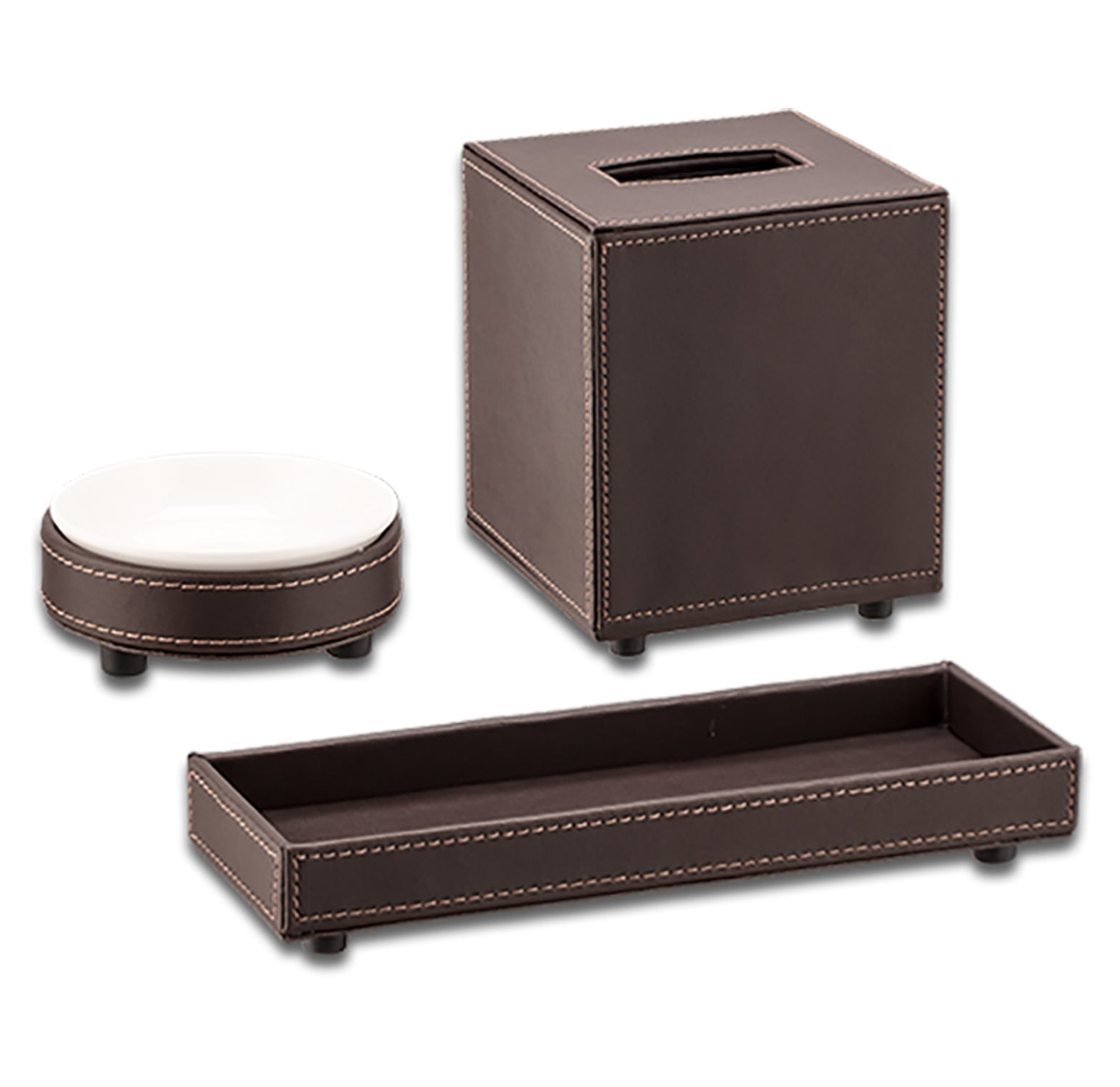 Chocolate | Elegant leatherette bathroom set on a white background.