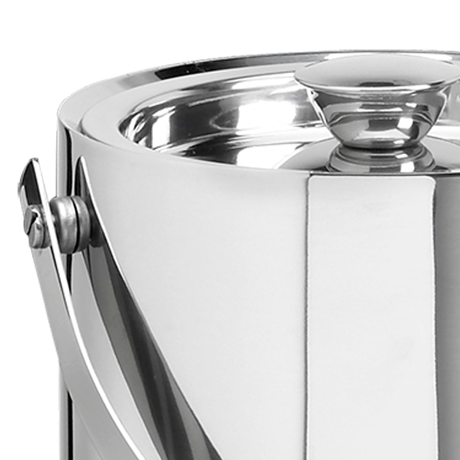 Polished Stainless Steel | Close-up of the Linea ice bucket featuring a durable bale handle for stylish home hosting.
