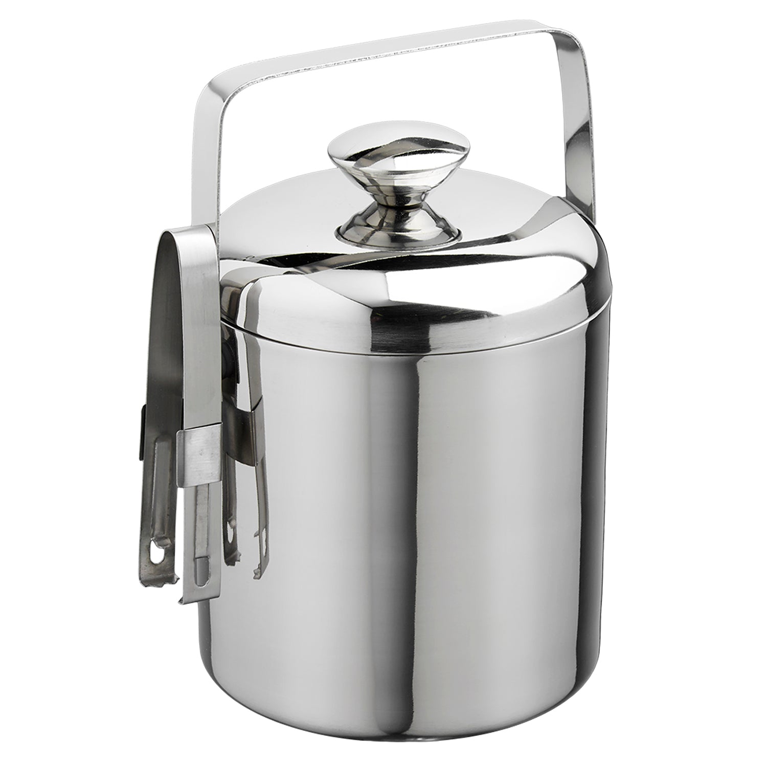 Polished Stainless Steel | Angled image of a 1.5QT with sleek silhouette and ice tongs secured in a built-in side holder.