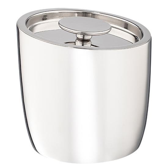 Polished Stainless Steel | Angled view of the slanted 1.6qt ice bucket featuring a disc knob, displayed on a white background.