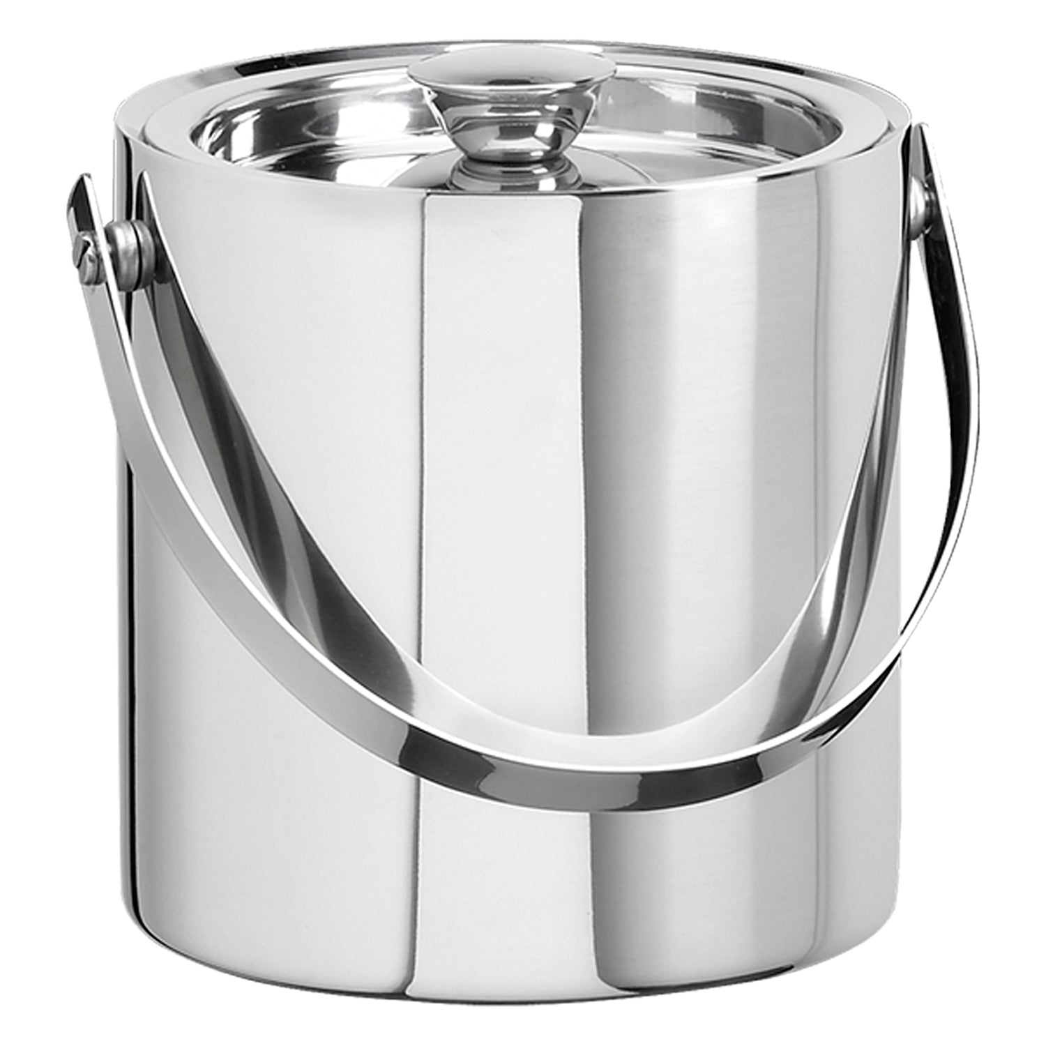 Polished Stainless Steel | Front view of a 1.5-quart ice bucket featuring a simple, modern shape, set against a white backdrop.