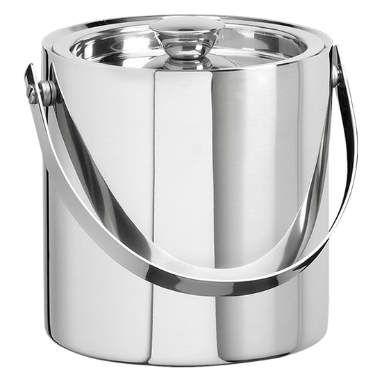 Polished Stainless Steel | Front view of a 1.5-quart ice bucket featuring a simple, modern shape, set against a white backdrop.