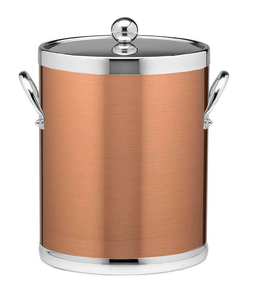 Copper & Chrome | Elegant 5qt ice bucket with metal handles & cover, perfect for chilling beverages.