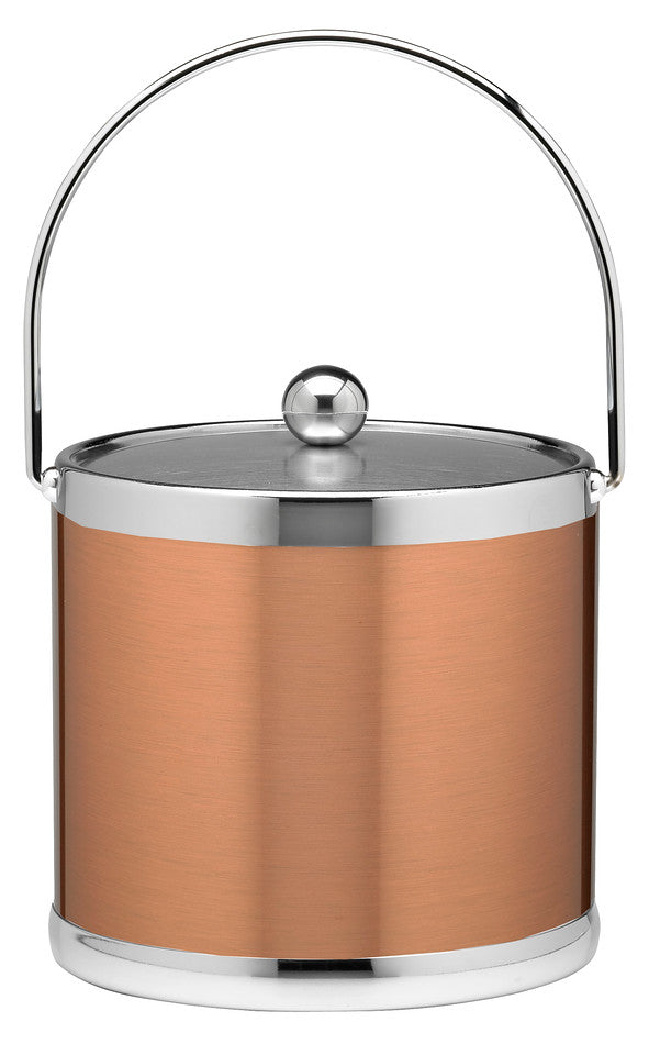 Copper & Chrome | Stainless steel ice bucket with curved bale handle and polished chrome metal cover on a white background.