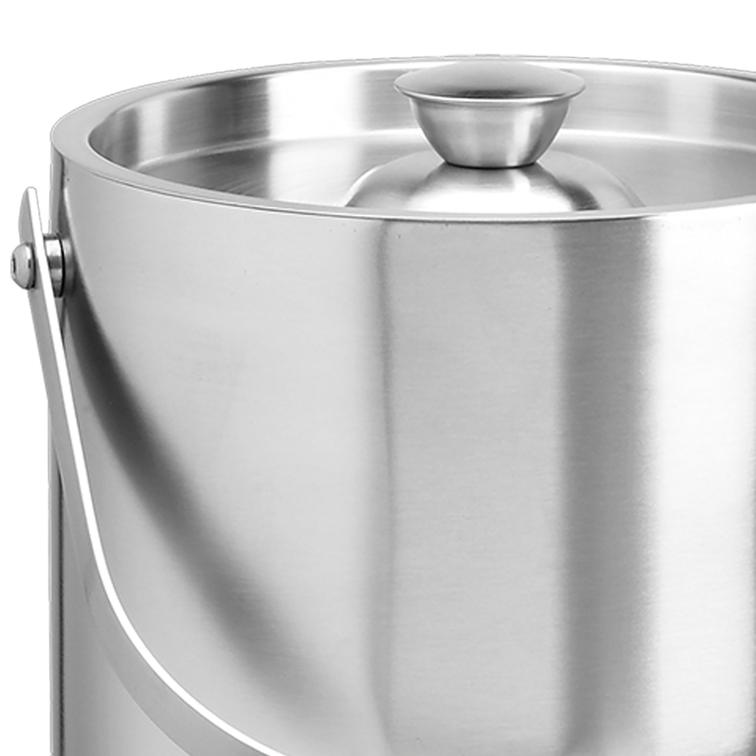 Brushed Stainless Steel | Modern Linea ice bucket with bale handle up-close detail of the knob, ideal for home bar setups.
