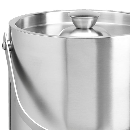 Brushed Stainless Steel | Modern Linea ice bucket with bale handle up-close detail of the knob, ideal for home bar setups.