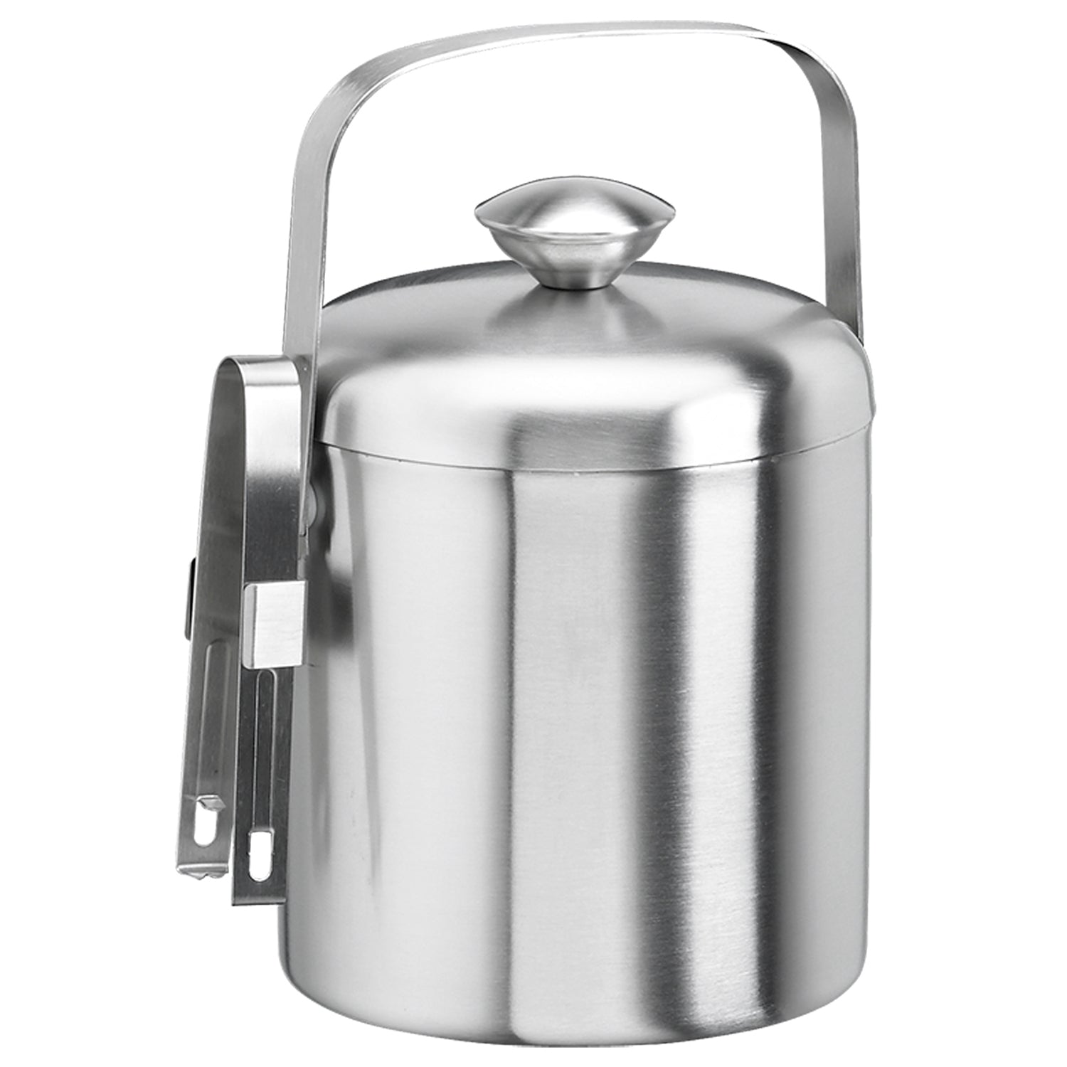 Brushed Stainless Steel | 1.5quart ice bucket with attached side holder containing ice tongs, displayed on a white background.