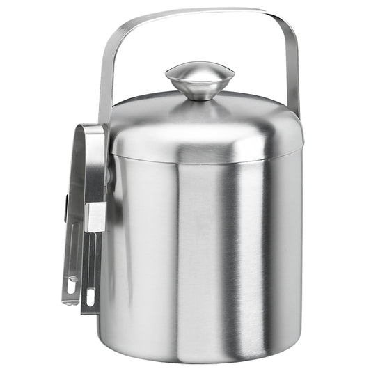 Brushed Stainless Steel | 1.5quart ice bucket with attached side holder containing ice tongs, displayed on a white background.